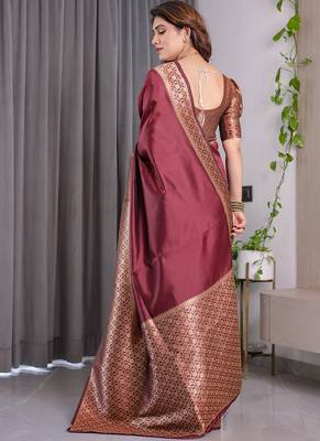 Maroon soft lichi silk saree with blouse 2