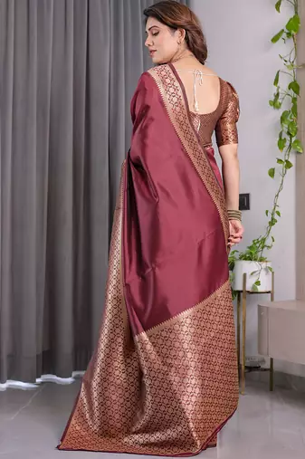 Maroon soft lichi silk saree with blouse