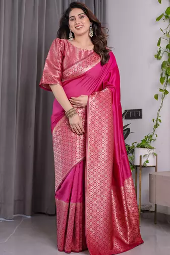 Pink soft lichi silk saree with blouse