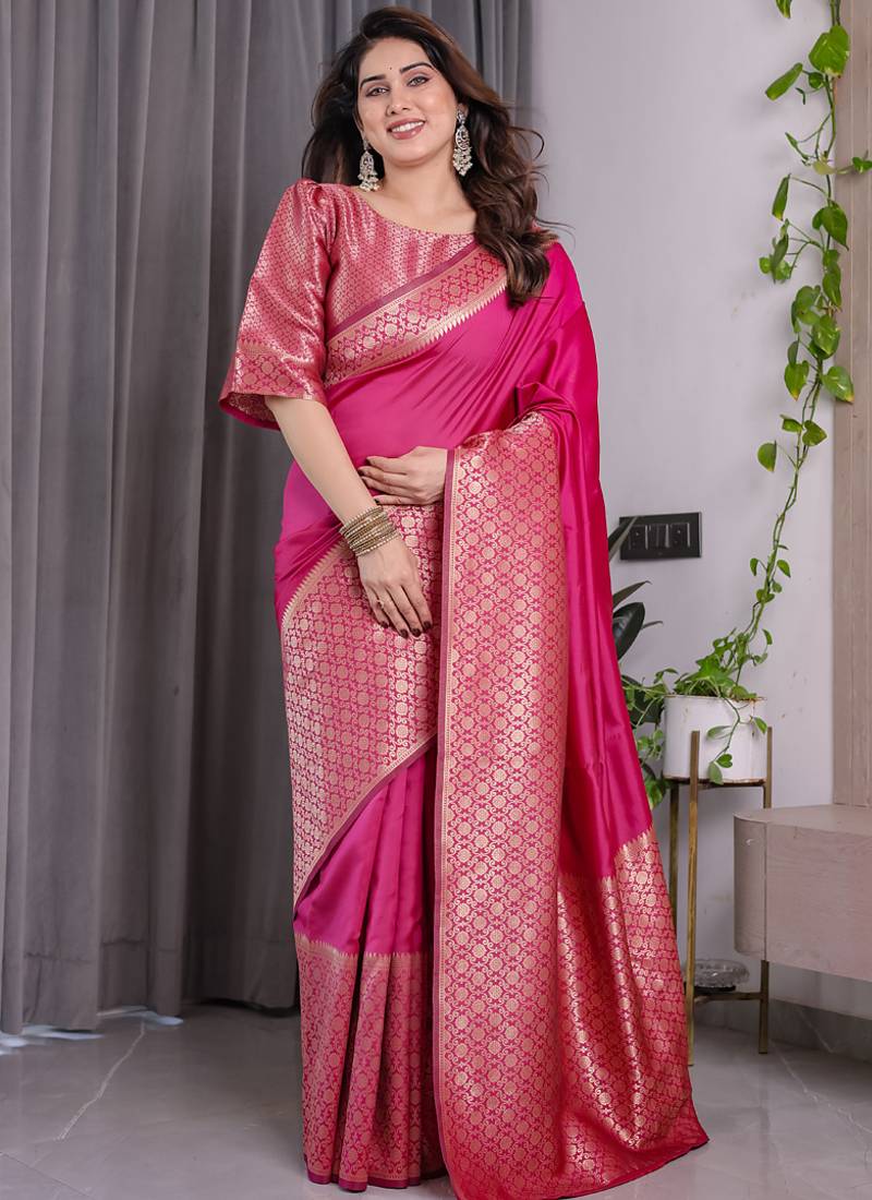 Pink soft lichi silk saree with blouse