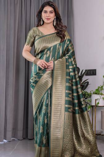 Green soft lichi silk saree with blouse