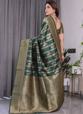 Green soft lichi silk saree with blouse 2