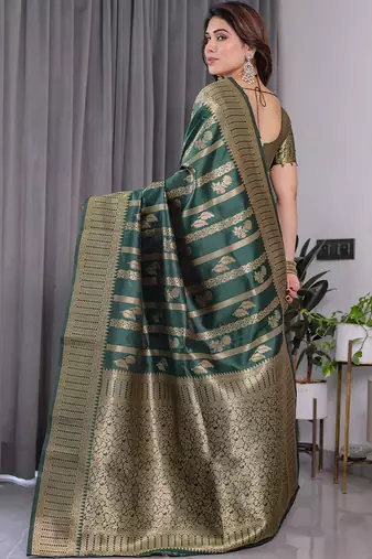Green soft lichi silk saree with blouse