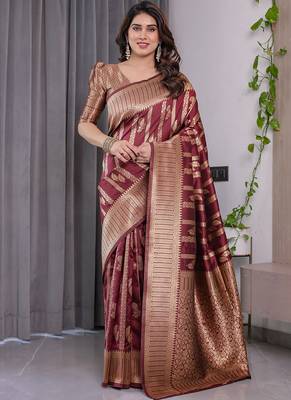 Maroon soft lichi silk saree with blouse 1