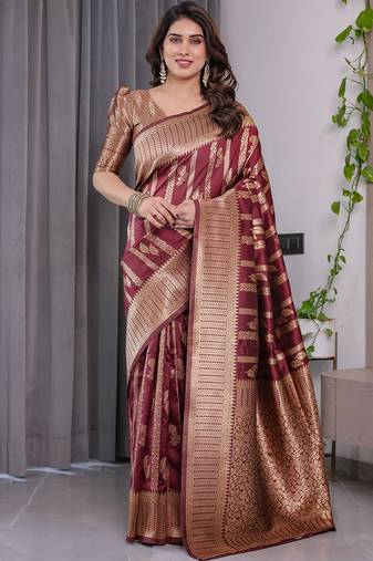 Maroon soft lichi silk saree with blouse