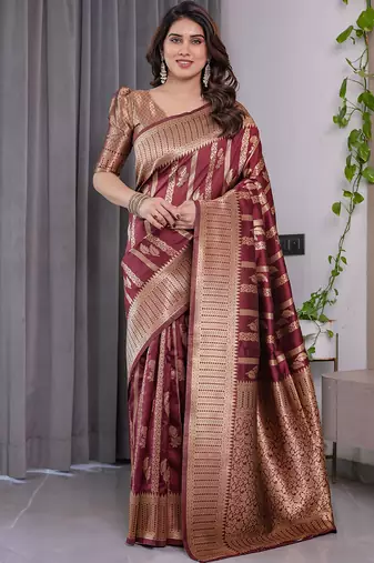 Maroon soft lichi silk saree with blouse
