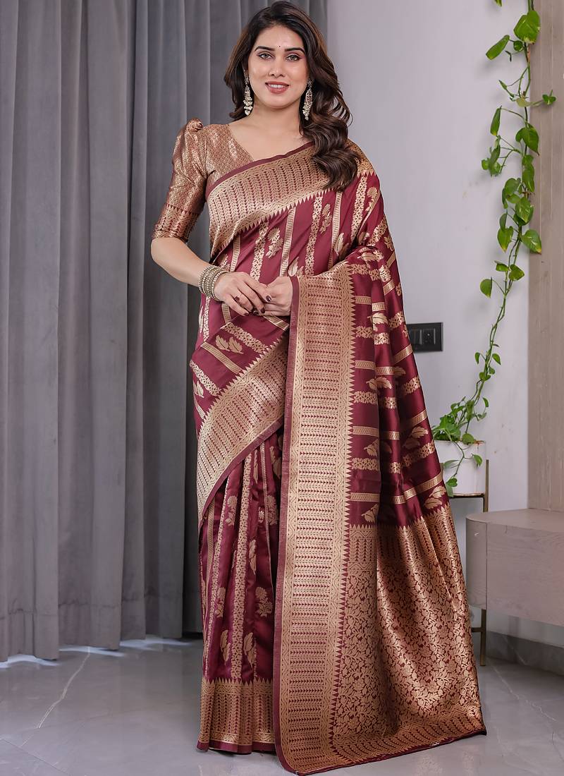 Maroon soft lichi silk saree with blouse