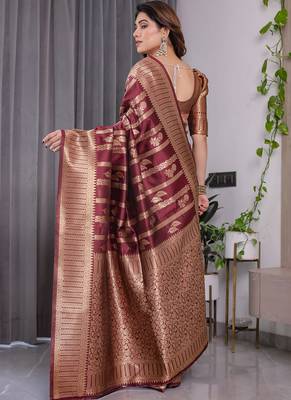 Maroon soft lichi silk saree with blouse 2