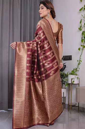 Maroon soft lichi silk saree with blouse