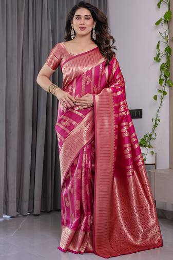 Pink soft lichi silk saree with blouse