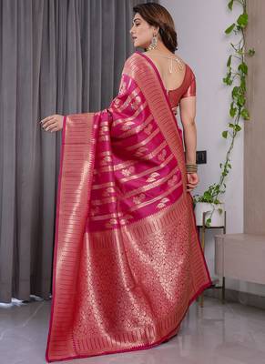 Pink soft lichi silk saree with blouse 2