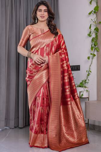 Red soft lichi silk saree with blouse