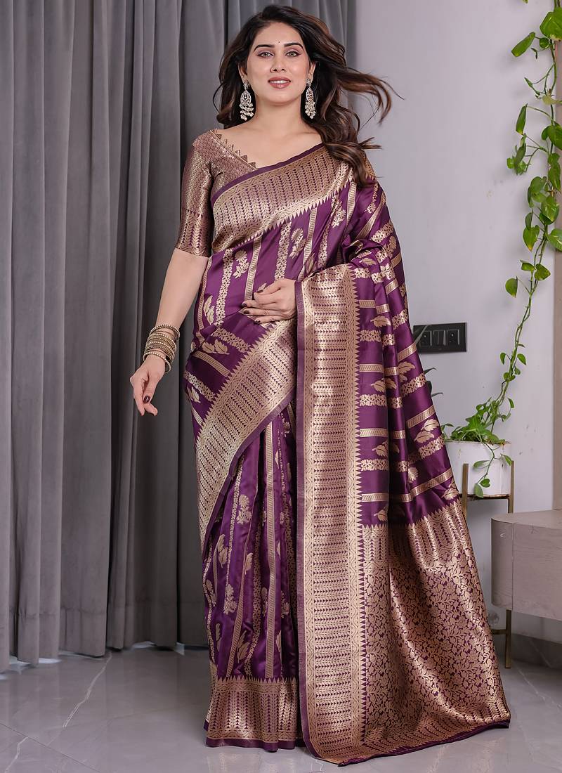 Wine soft lichi silk saree with blouse