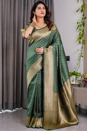 Green soft lichi silk saree with blouse