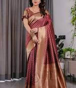 Maroon soft lichi silk saree with blouse