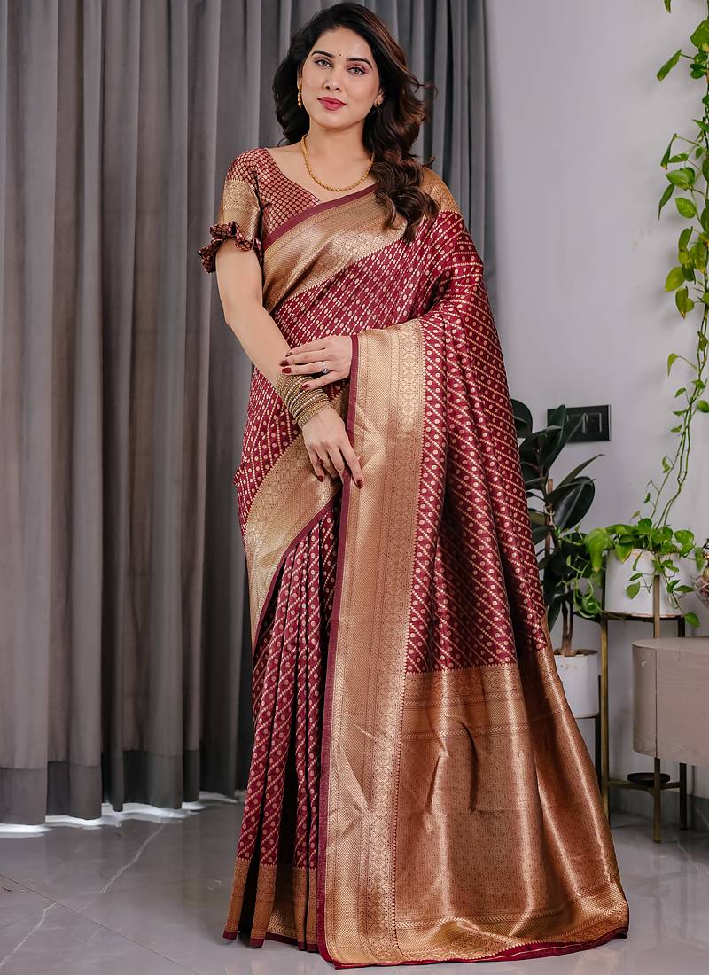 Maroon soft lichi silk saree with blouse