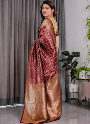 Maroon soft lichi silk saree with blouse 2
