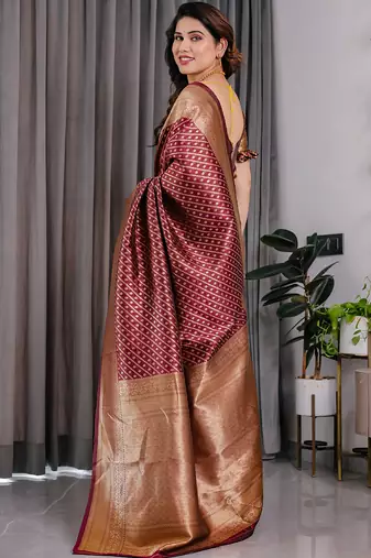 Maroon soft lichi silk saree with blouse