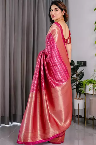 Pink soft lichi silk saree with blouse