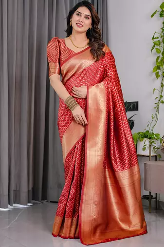 Red soft lichi silk saree with blouse
