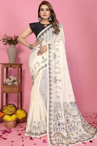White soft linen cotton printed saree