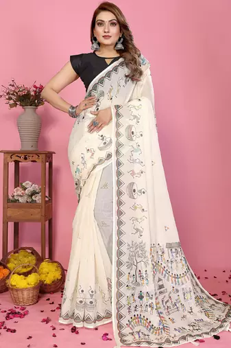 White soft linen cotton printed saree