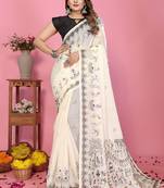 White soft linen cotton printed saree