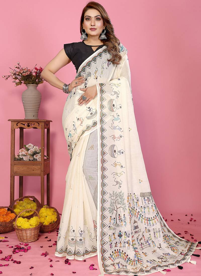 White soft linen cotton printed saree