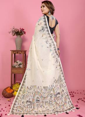 White soft linen cotton printed saree 2