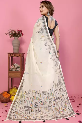 White soft linen cotton printed saree
