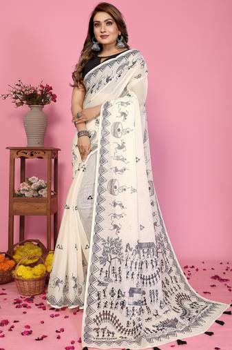 White soft linen cotton printed saree