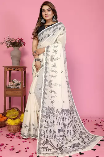 White soft linen cotton printed saree