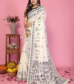 White soft linen cotton printed saree