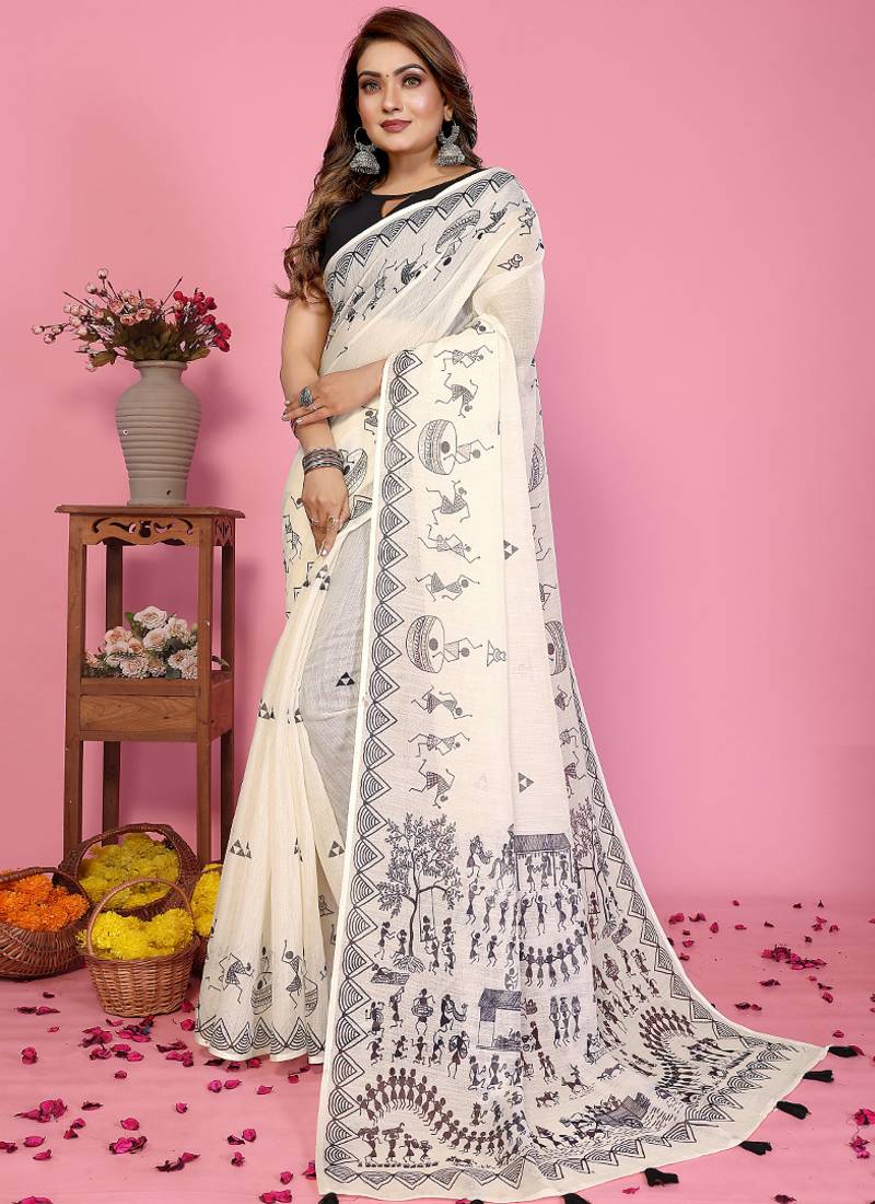 White soft linen cotton printed saree