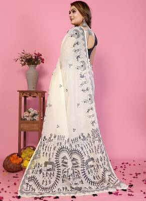 White soft linen cotton printed saree 2