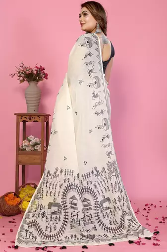 White soft linen cotton printed saree