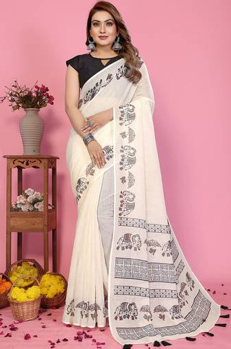 White soft linen cotton printed saree