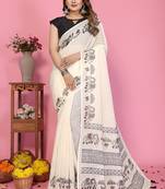 White soft linen cotton printed saree