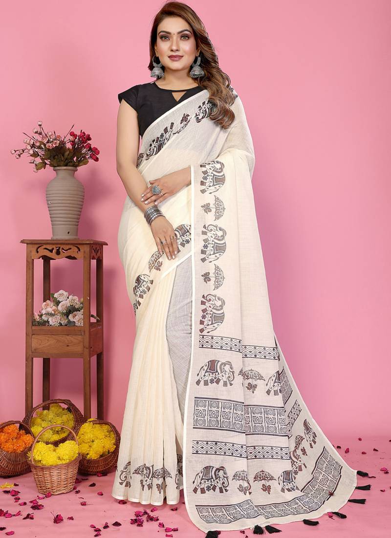 White soft linen cotton printed saree