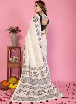 White soft linen cotton printed saree 2