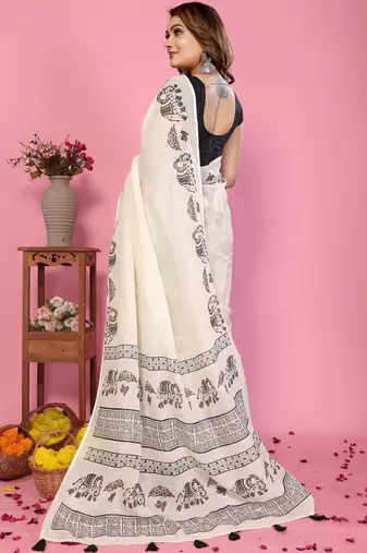 White soft linen cotton printed saree
