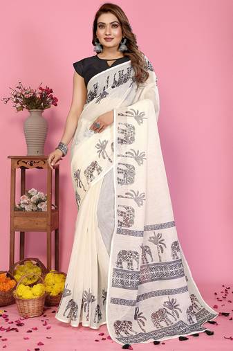 White soft linen cotton printed saree