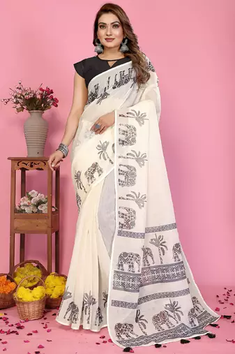 White soft linen cotton printed saree