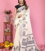 White soft linen cotton printed saree