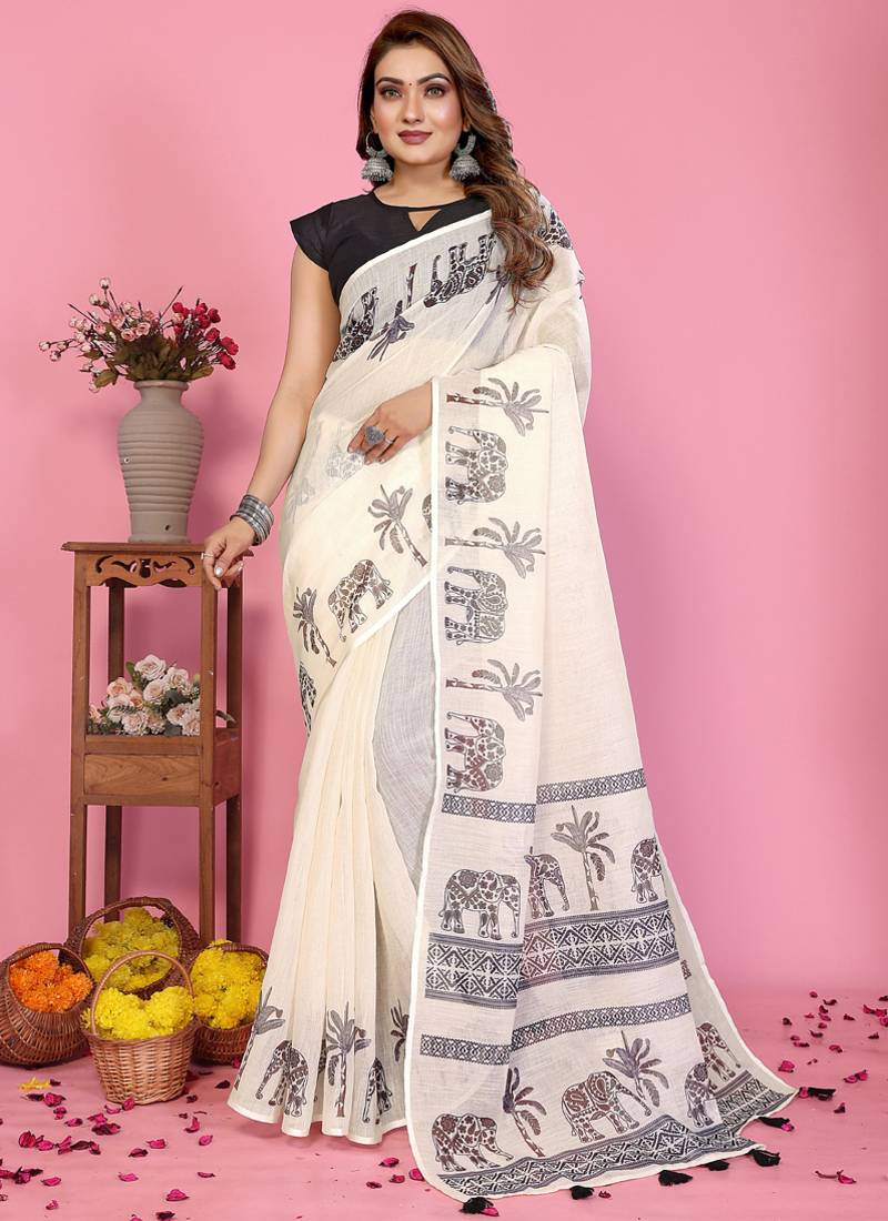 White soft linen cotton printed saree