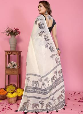 White soft linen cotton printed saree 2