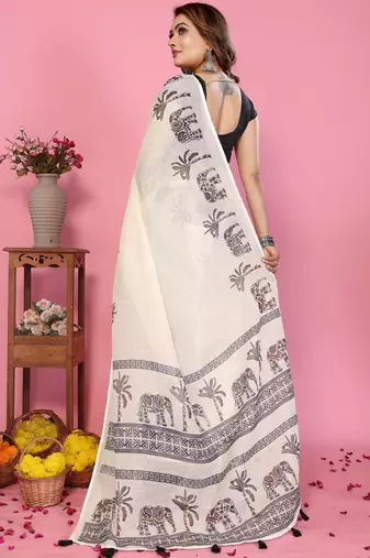White soft linen cotton printed saree