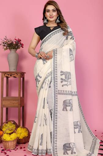 White soft linen cotton printed saree