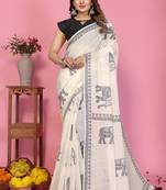 White soft linen cotton printed saree