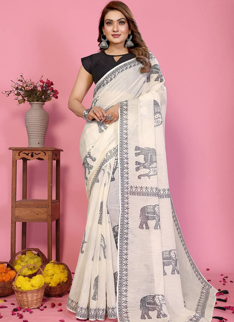 White soft linen cotton printed saree